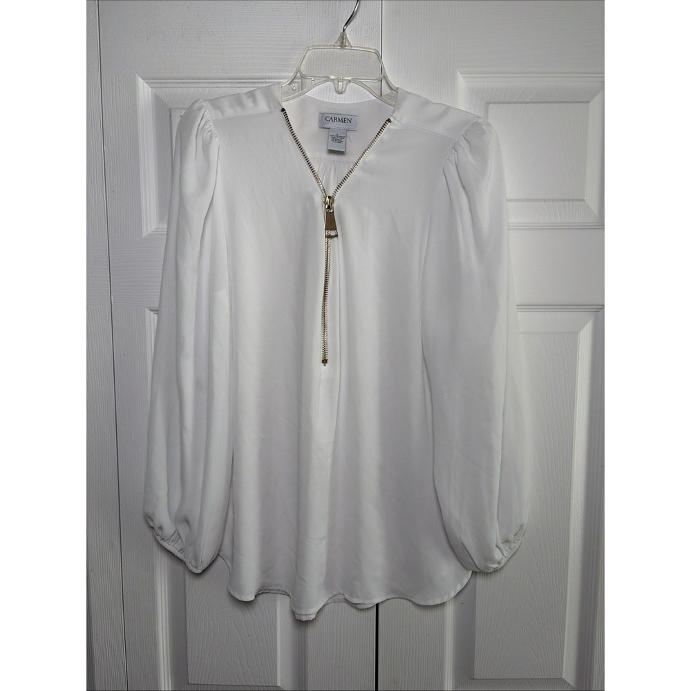 Carmen Marc Valvo Half Zip Blouse Womens Size L White Gold‎ Zipper Top Office